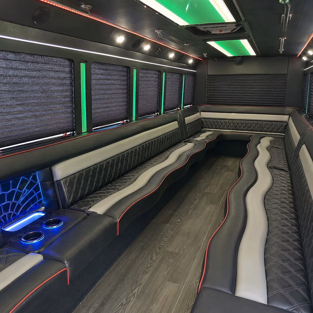 Interior of a party bus rental serving Fresno